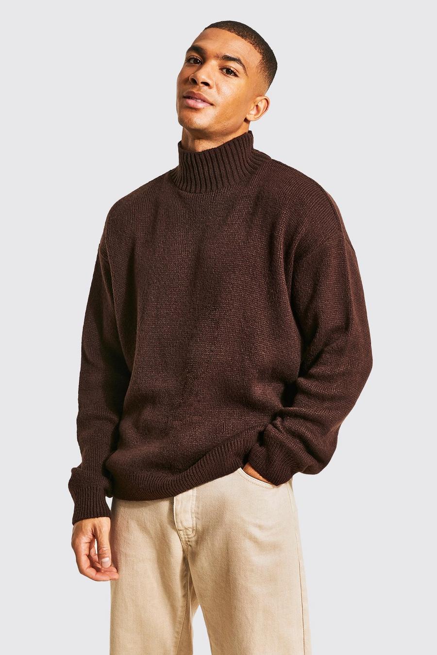 Chocolate Oversized Brushed Knitted Funnel Neck Jumper image number 1