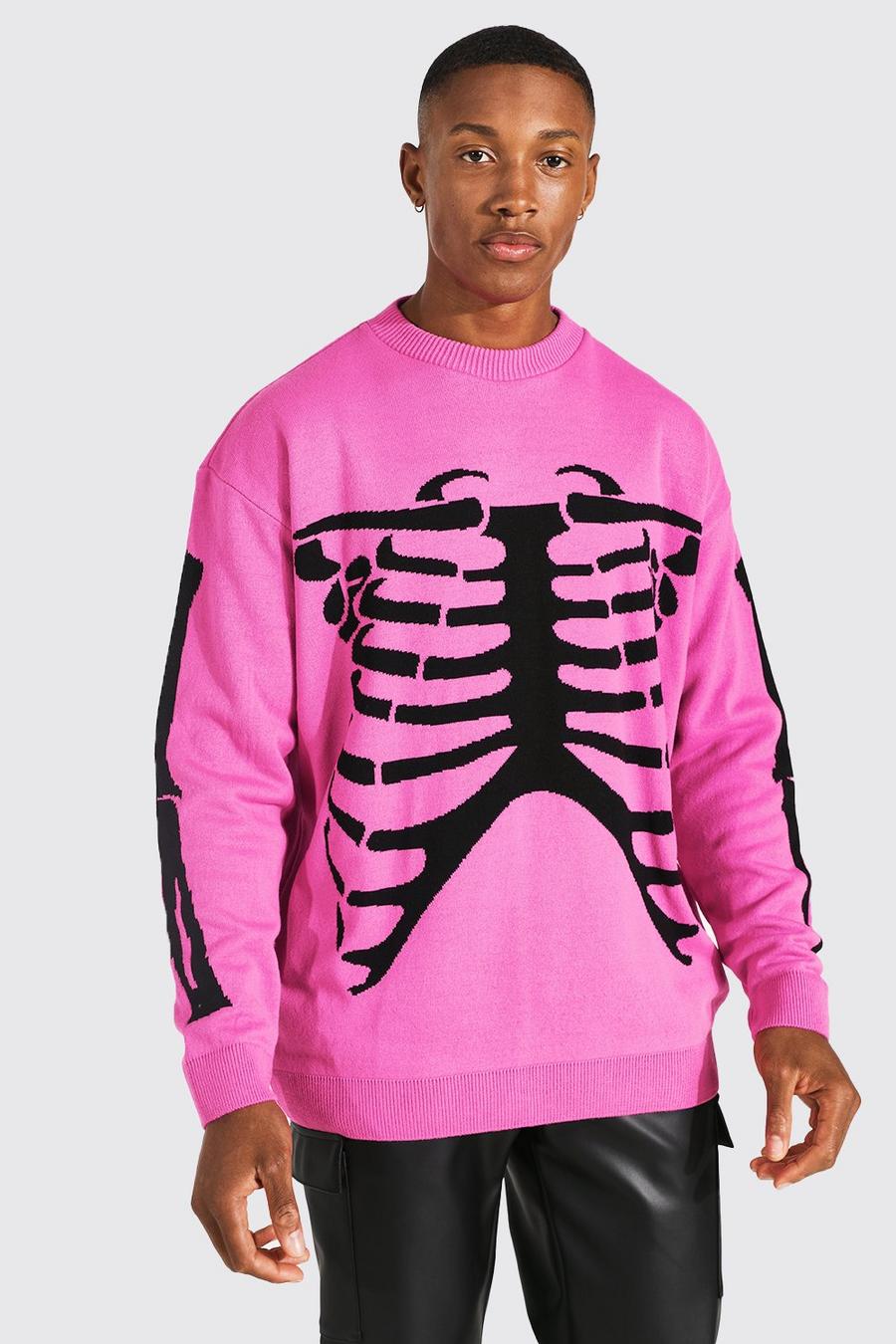 Pink Oversize stickad tröja med skelett image number 1