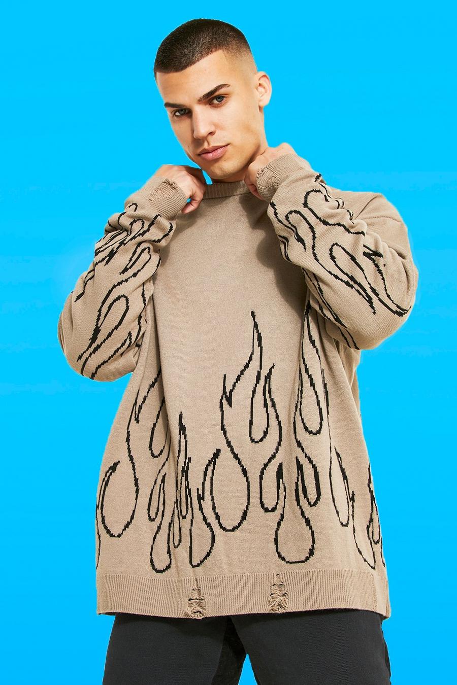 Maglione in maglia oversize con fiamme, Taupe image number 1