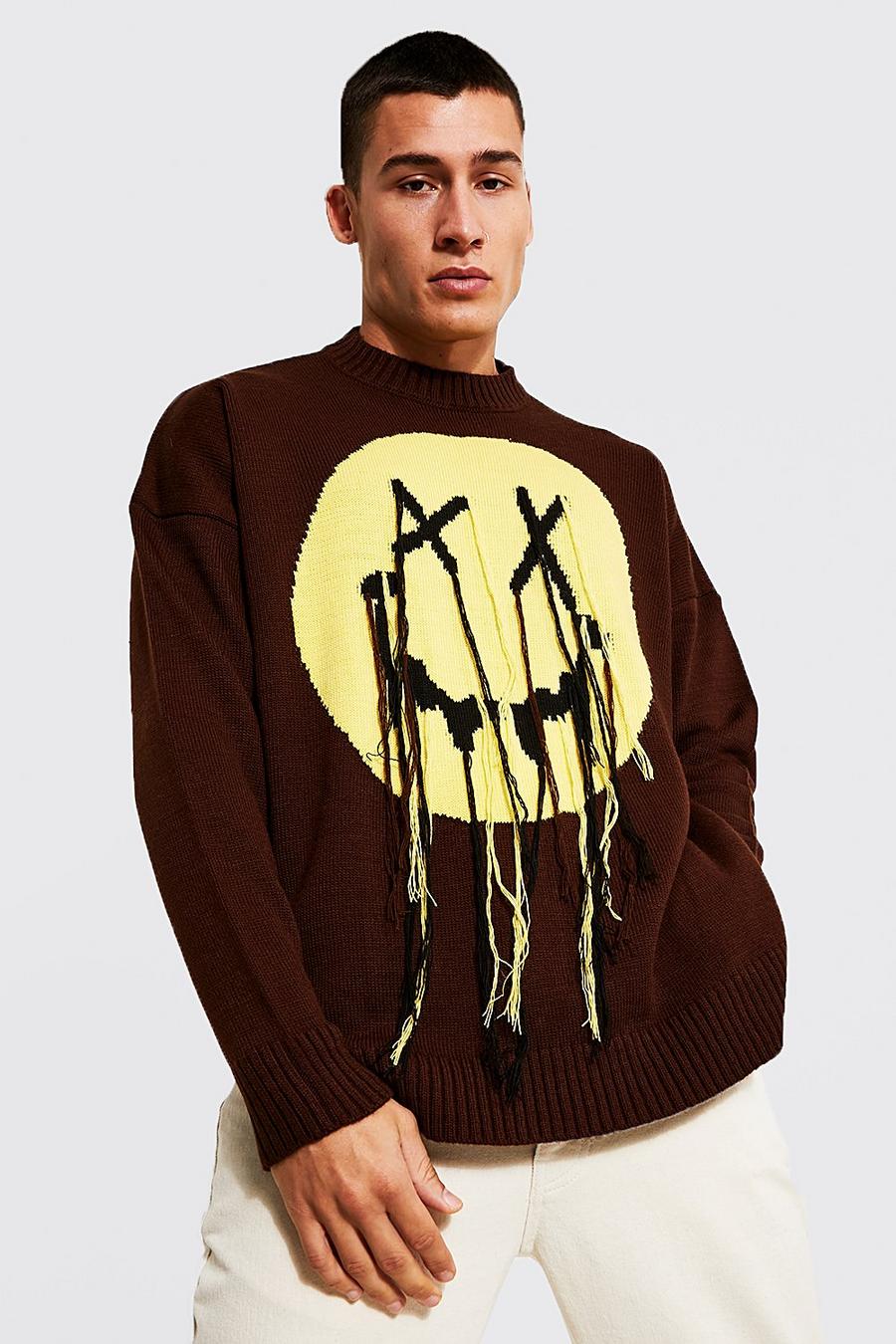 Chocolate brown Oversized Distressed Drip Face Knitted Jumper image number 1