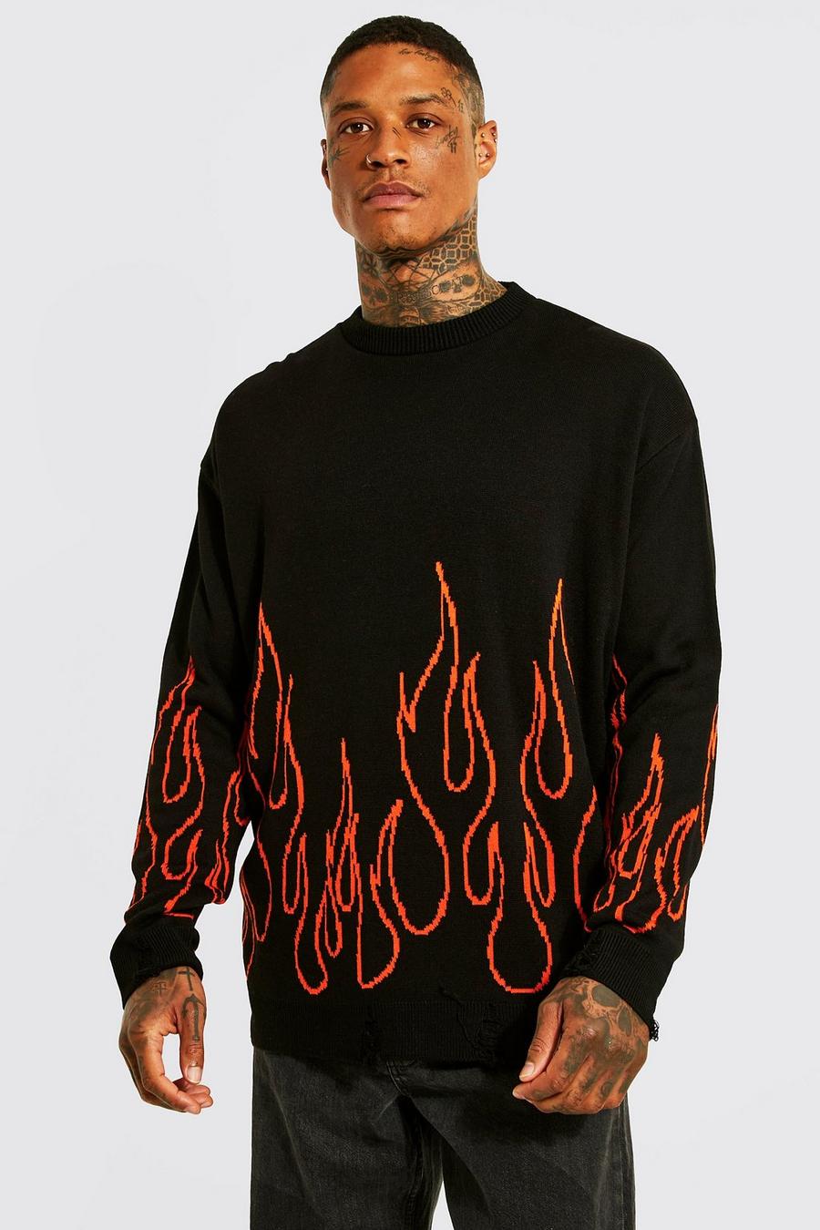 Black Oversized Flame Knitted Jumper image number 1