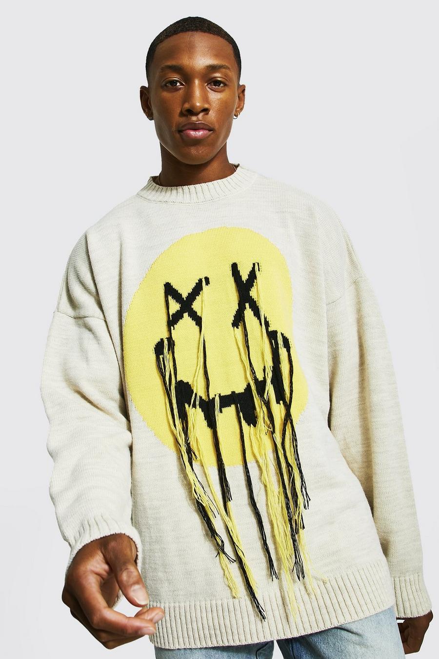 Stone Oversized Distressed Drip Face Knitted Jumper image number 1