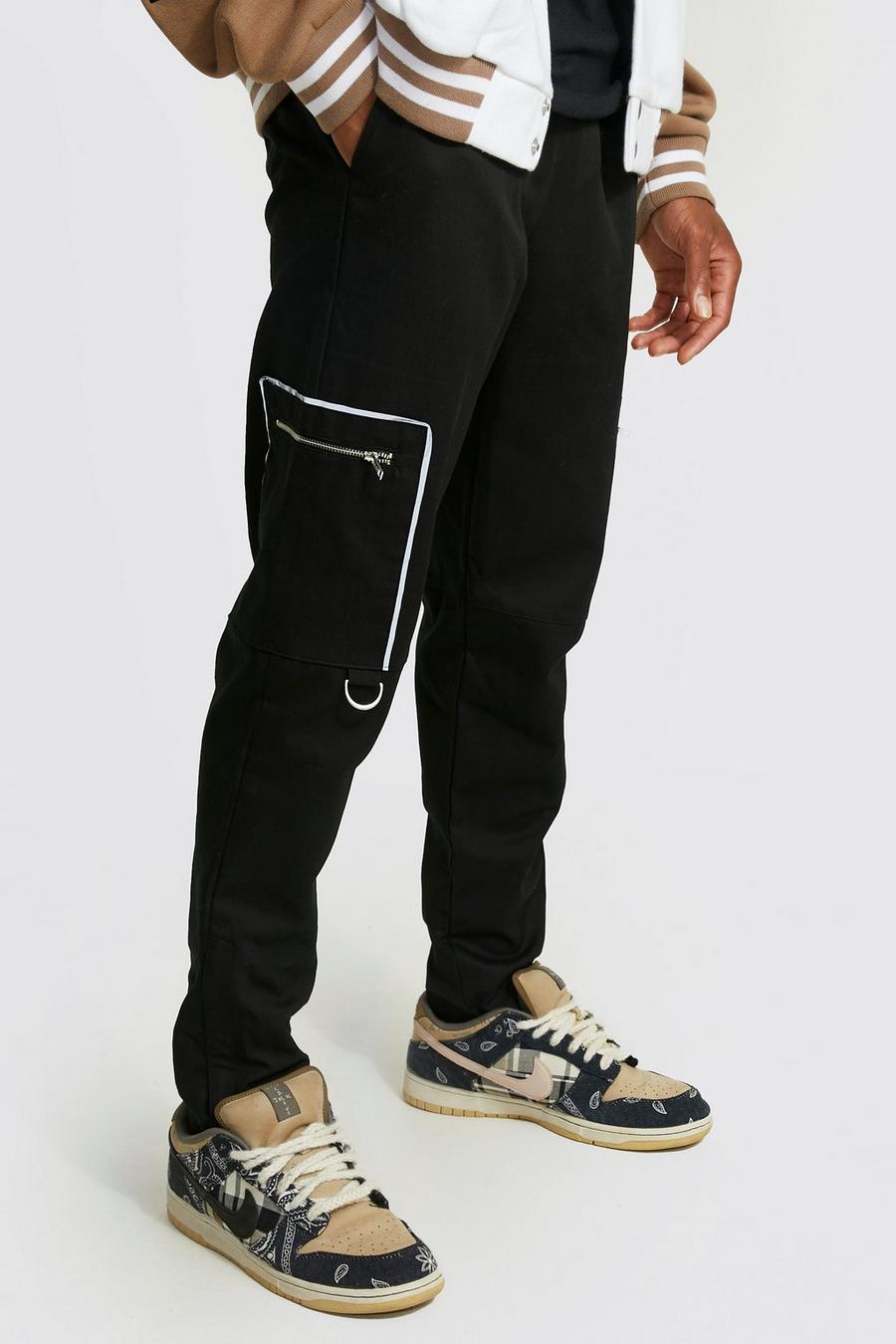 Black Reflective Piped Twill Cargo Trousers image number 1