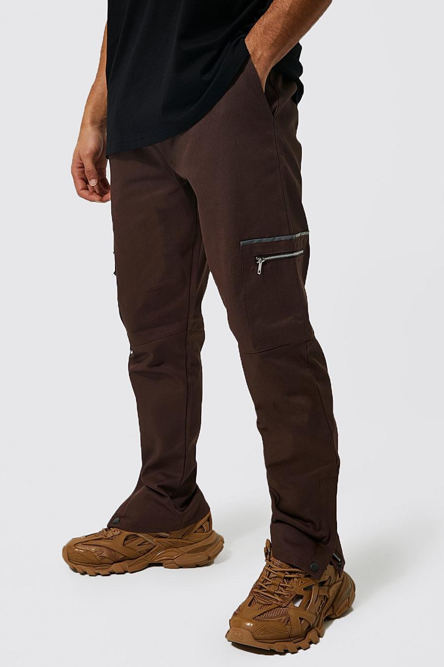 Brown Reflective Piped Twill Cargo Trousers image number 1