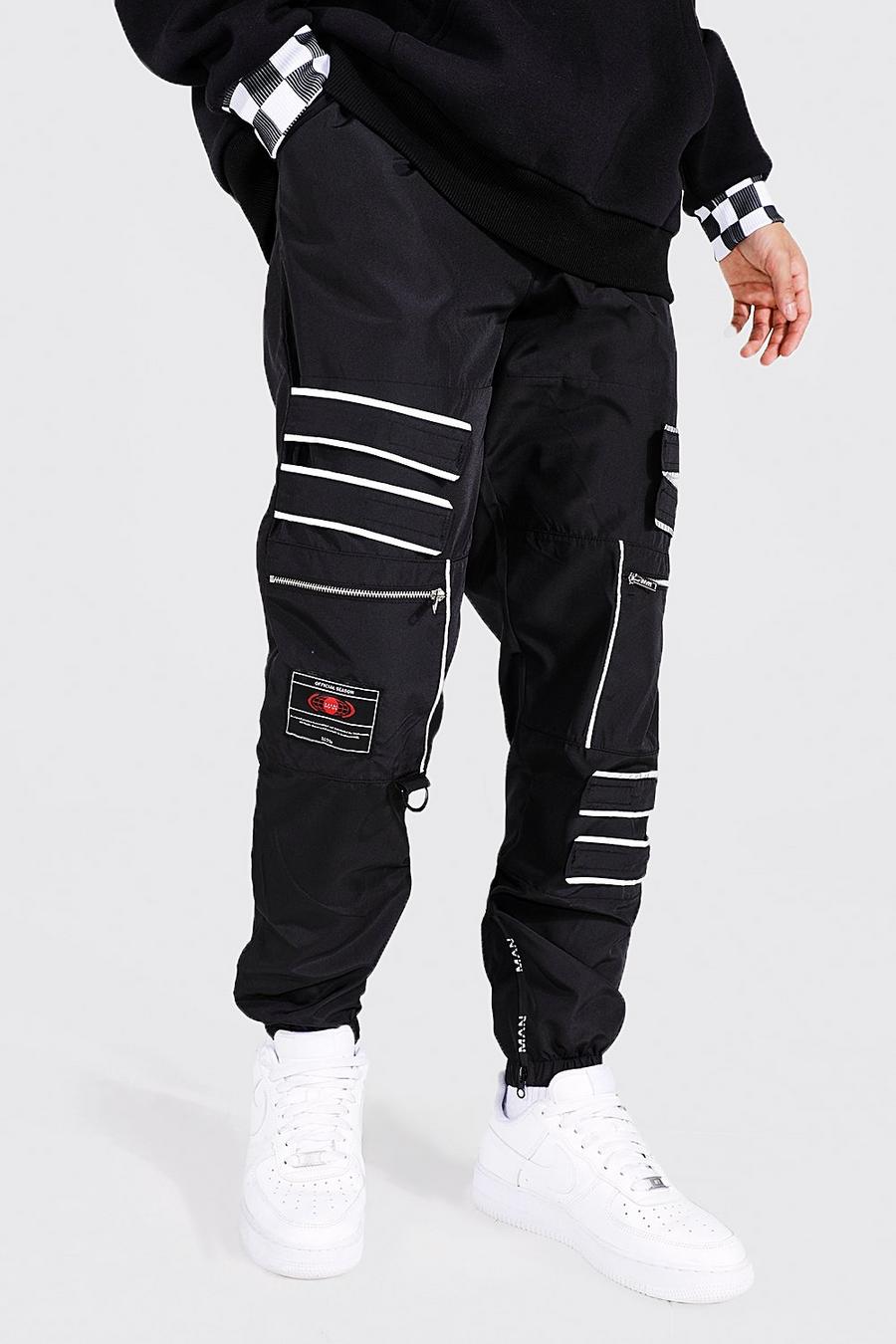 Black Regular Fit Reflective Strap Cargo Trousers