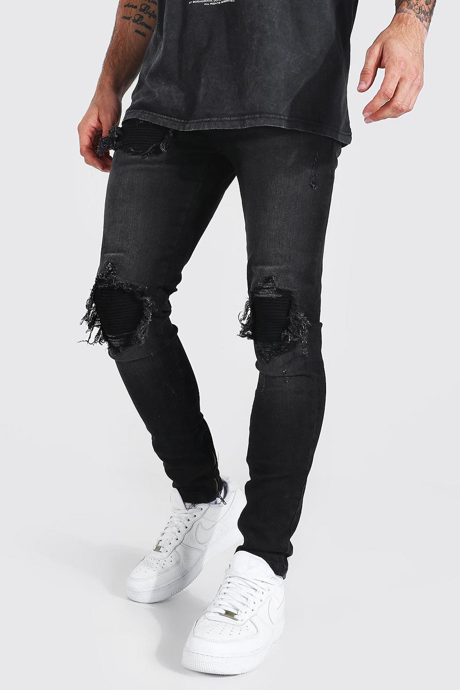 שחור דהוי סקיני ג'ינס נמתח בסגנון אופנוענים עם קרעים וטלאים image number 1