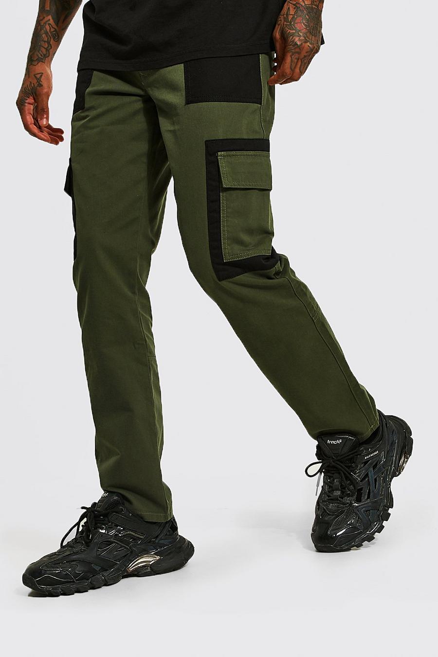 Pantalon cargo droit effet color block, Forest image number 1