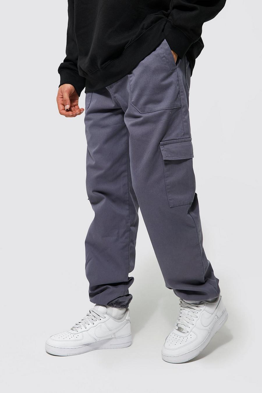 אפור כהה gris מכנסי דגמ'ח טוויל עם כיסים מרובים ושרוכי בנג'י