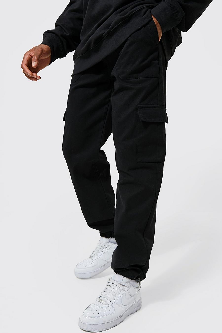 Pantalón de sarga con multibolsillos cargo y cordón elástico, Black negro image number 1