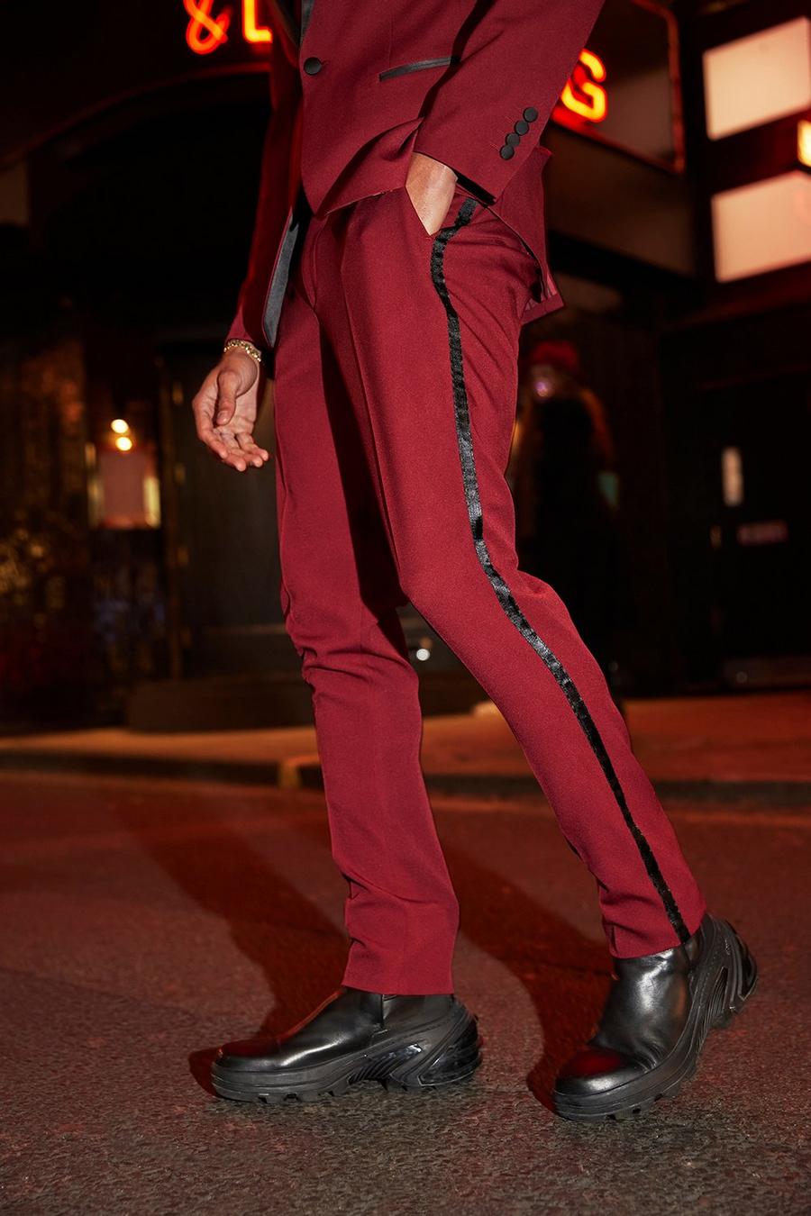 Burgundy Skinny Tuxedo Suit Trousers image number 1