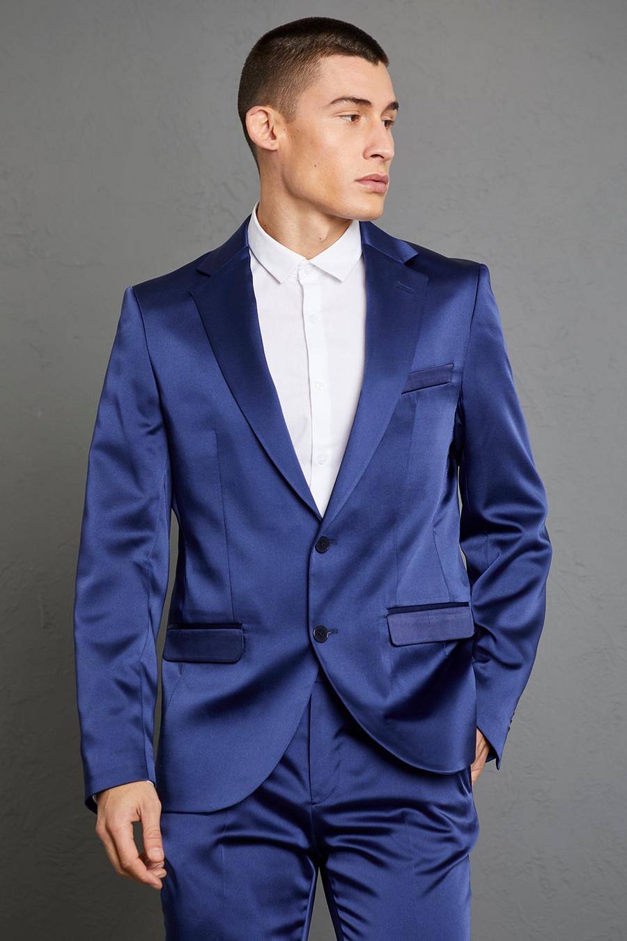 Navy Slim Satin Design Single Breasted Suit Jacket image number 1