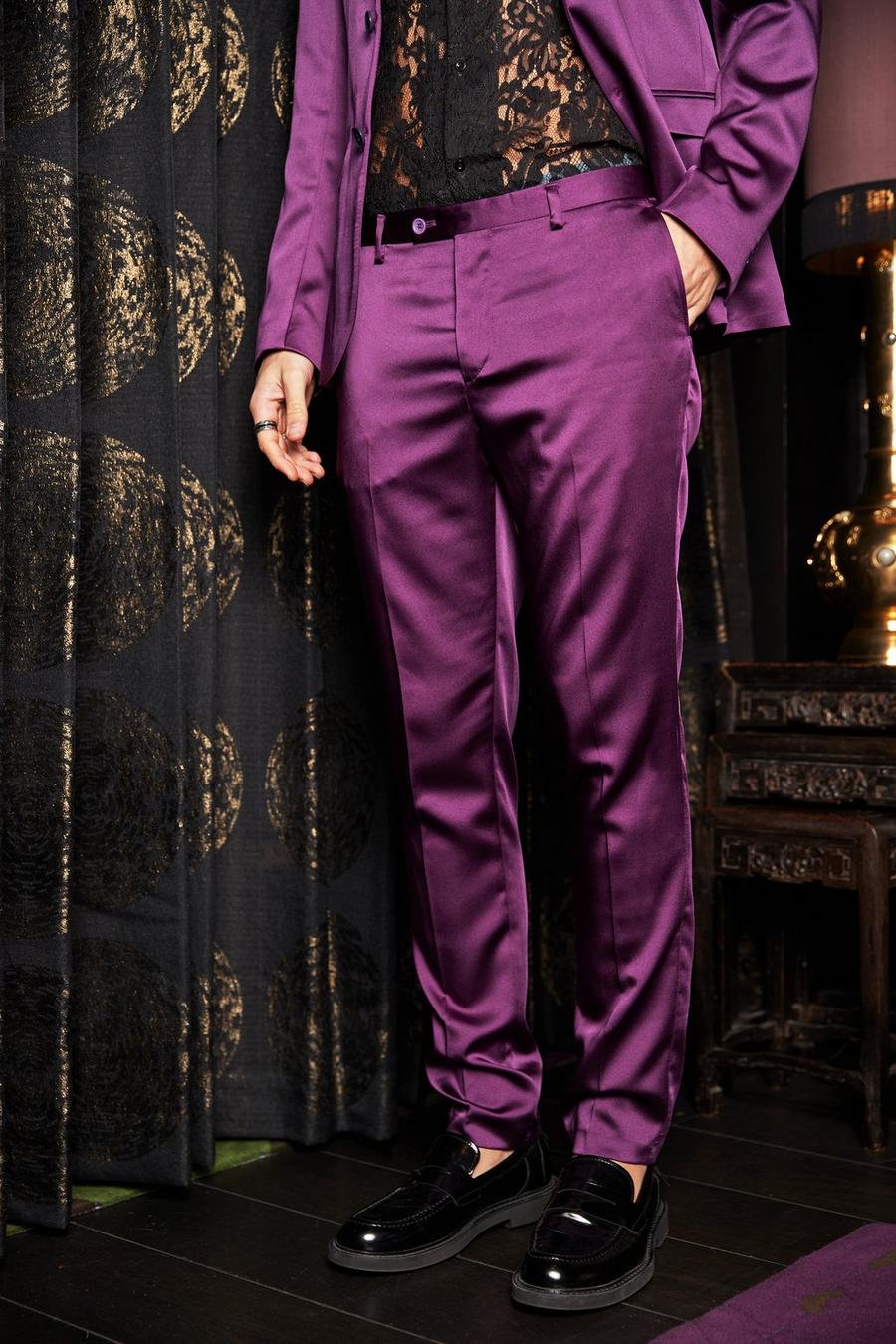 Purple Skinny Satin Design Suit Trousers image number 1