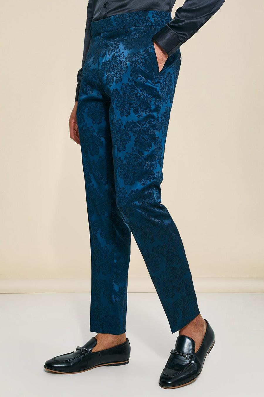 Teal Slim Jacquard Floral Suit Trousers image number 1