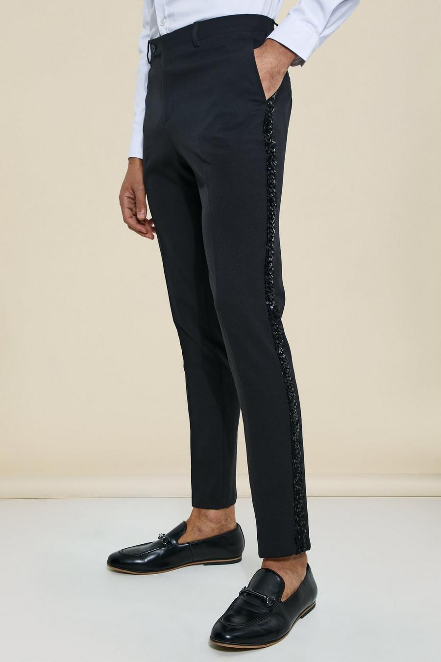 Twisted Tailor suit pants with silver sequin tape in black