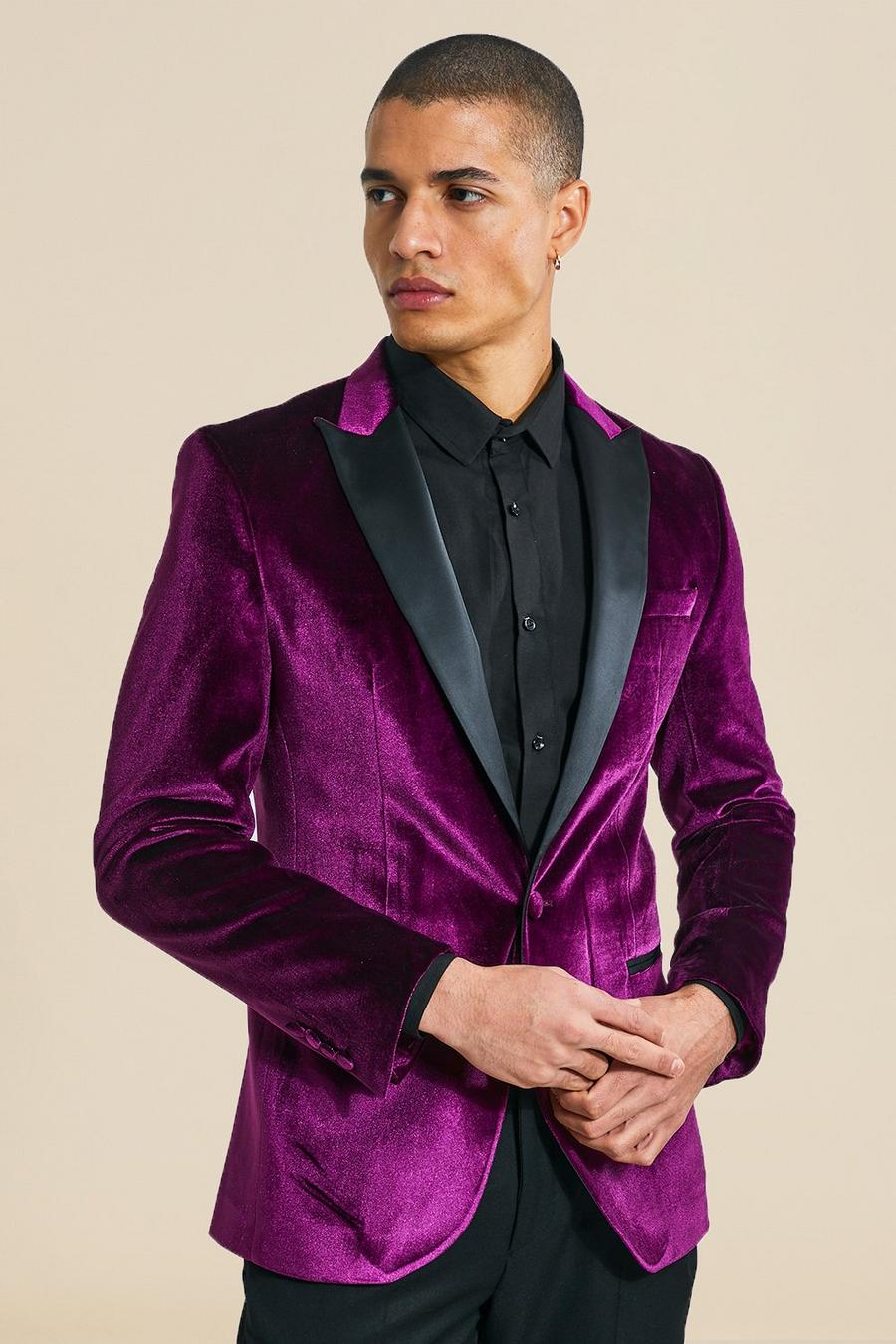 Purple Skinny Satin Lapel Single Breasted Blazer image number 1