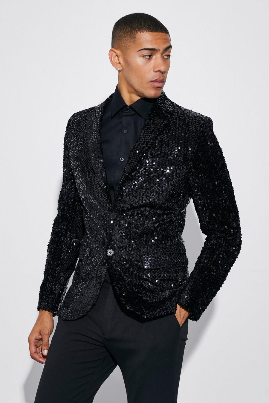 Black Skinny Single Breasted Sequin Suit Jacket image number 1