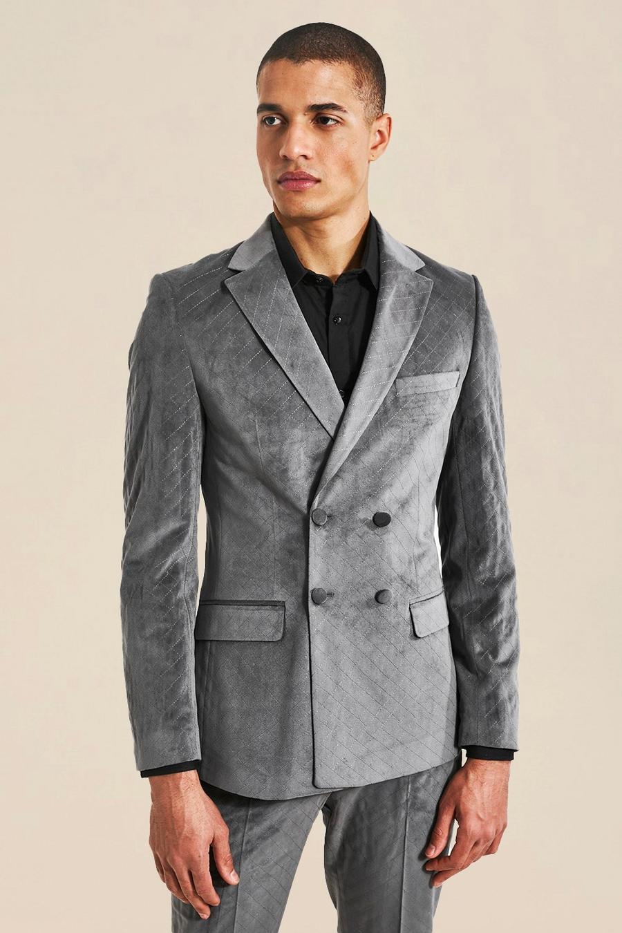 Silver Skinny Double Breasted Velvet Suit Jacket image number 1
