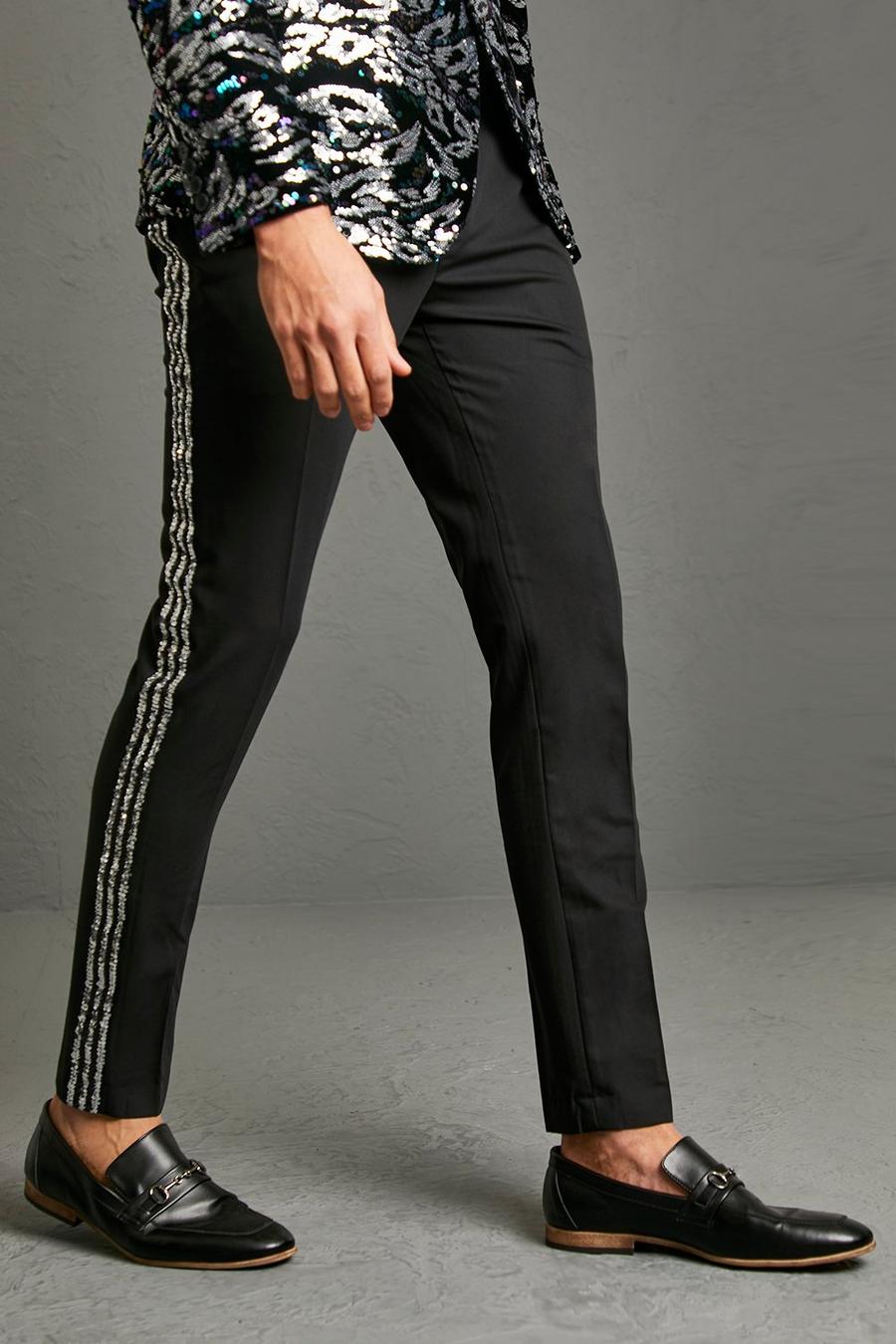 Pantaloni sartoriali in rasatello Skinny Fit con striscia di paillettes, Black image number 1