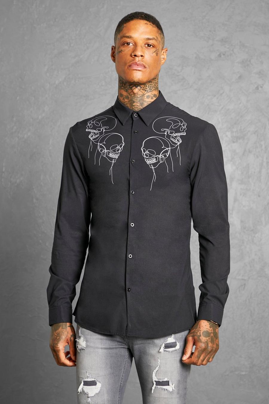 Black Long Sleeve Muscle Skull Placement Shirt image number 1