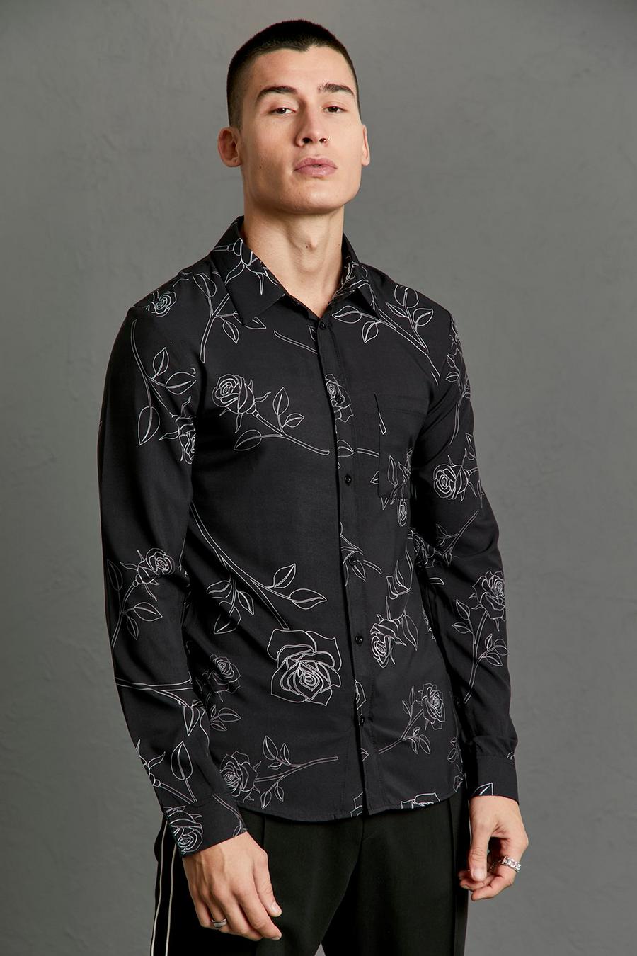 Black Long Sleeve Muscle Line Floral Shirt image number 1