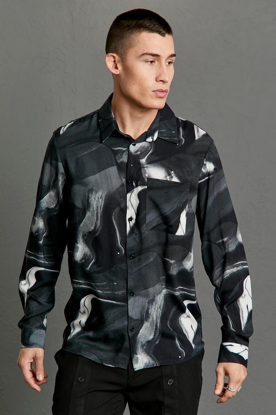 Black Long Sleeve Viscose Marble Shirt image number 1