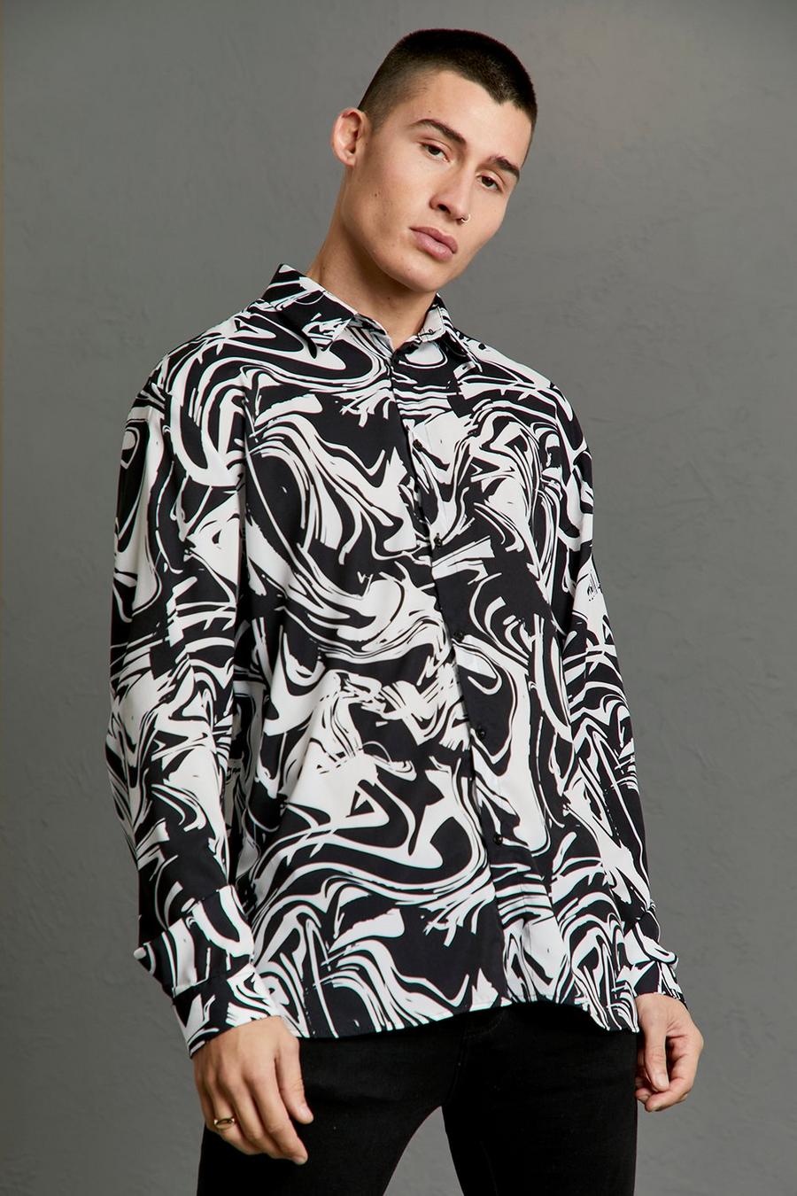 Camisa de manga larga oversize con estampado efecto mármol, Black image number 1