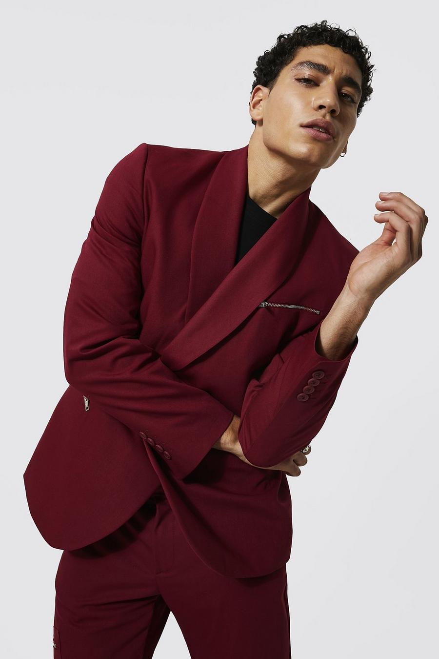 Burgundy Double Breasted Zip Suit Jacket image number 1