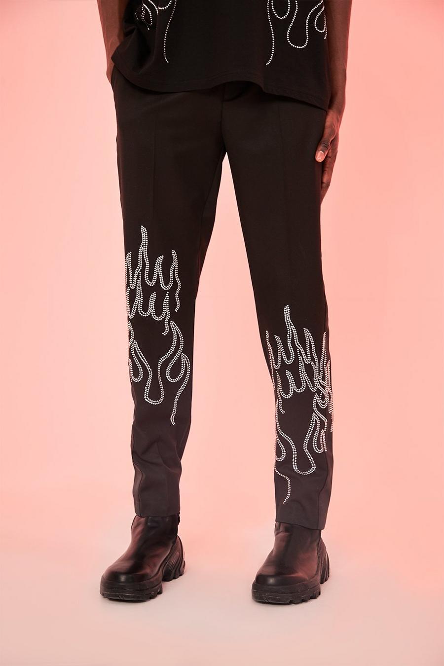 Black Skinny Flame Diamante Suit Trousers image number 1