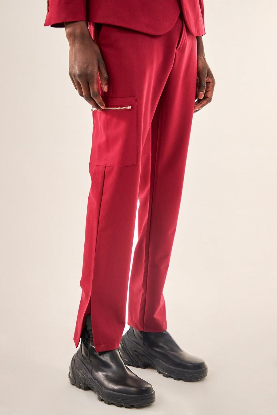 Burgundy Skinny Zip Chain Suit Trousers image number 1