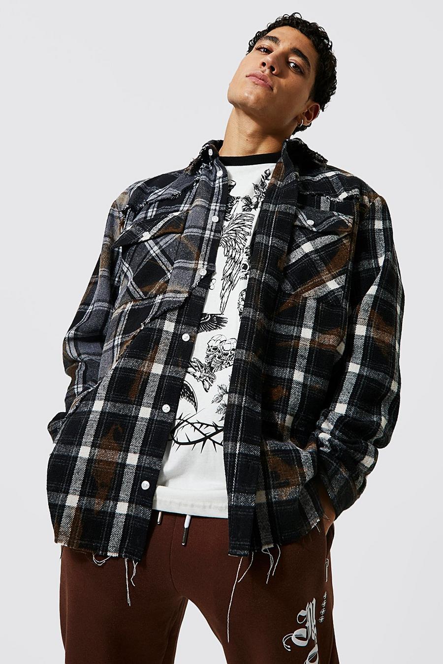 Black Oversized Check Spliced Shirt image number 1