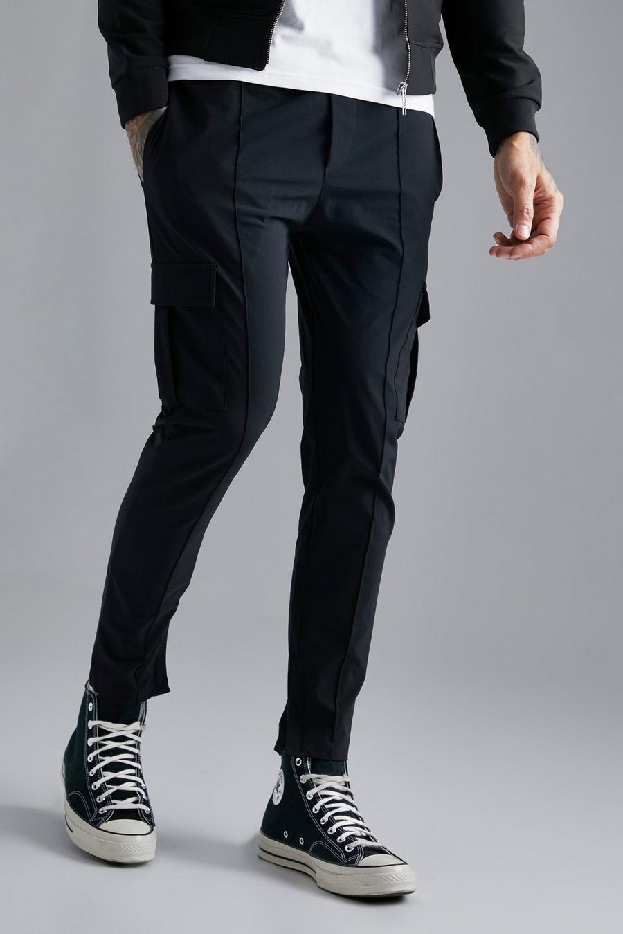 Pantaloni Cargo Slim Fit in Stretch tecnico, Black negro