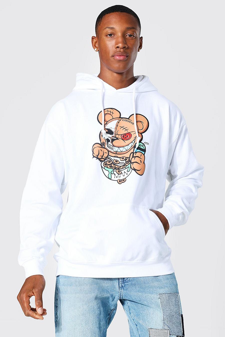 White Evil Teddy Oversize hoodie med tryck image number 1
