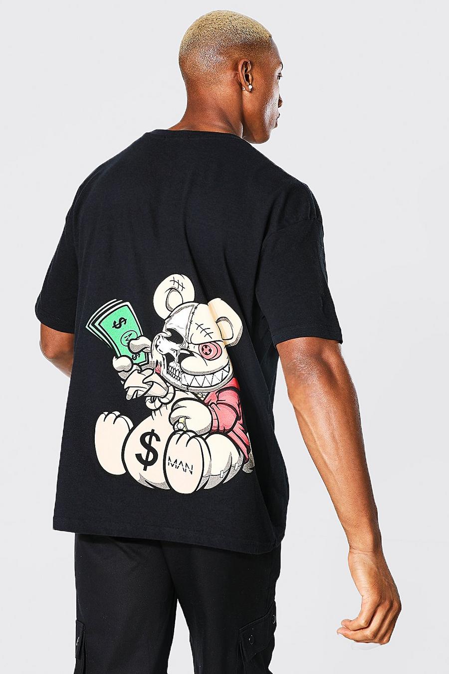 T-shirt oversize Ofcl Man con grafica Evil Teddy, Black nero