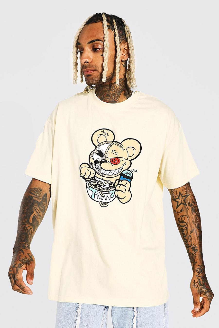 Oversize T-Shirt mit Evil Teddy Print, Sand beige