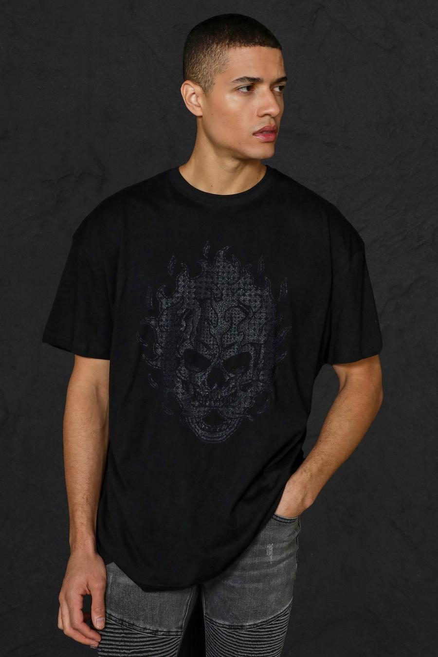 Black Oversized Flame Caviar Bead Schedel T-Shirt image number 1