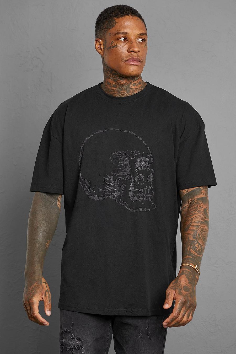 T-shirt oversize con teschio con perline nero su nero, Black image number 1