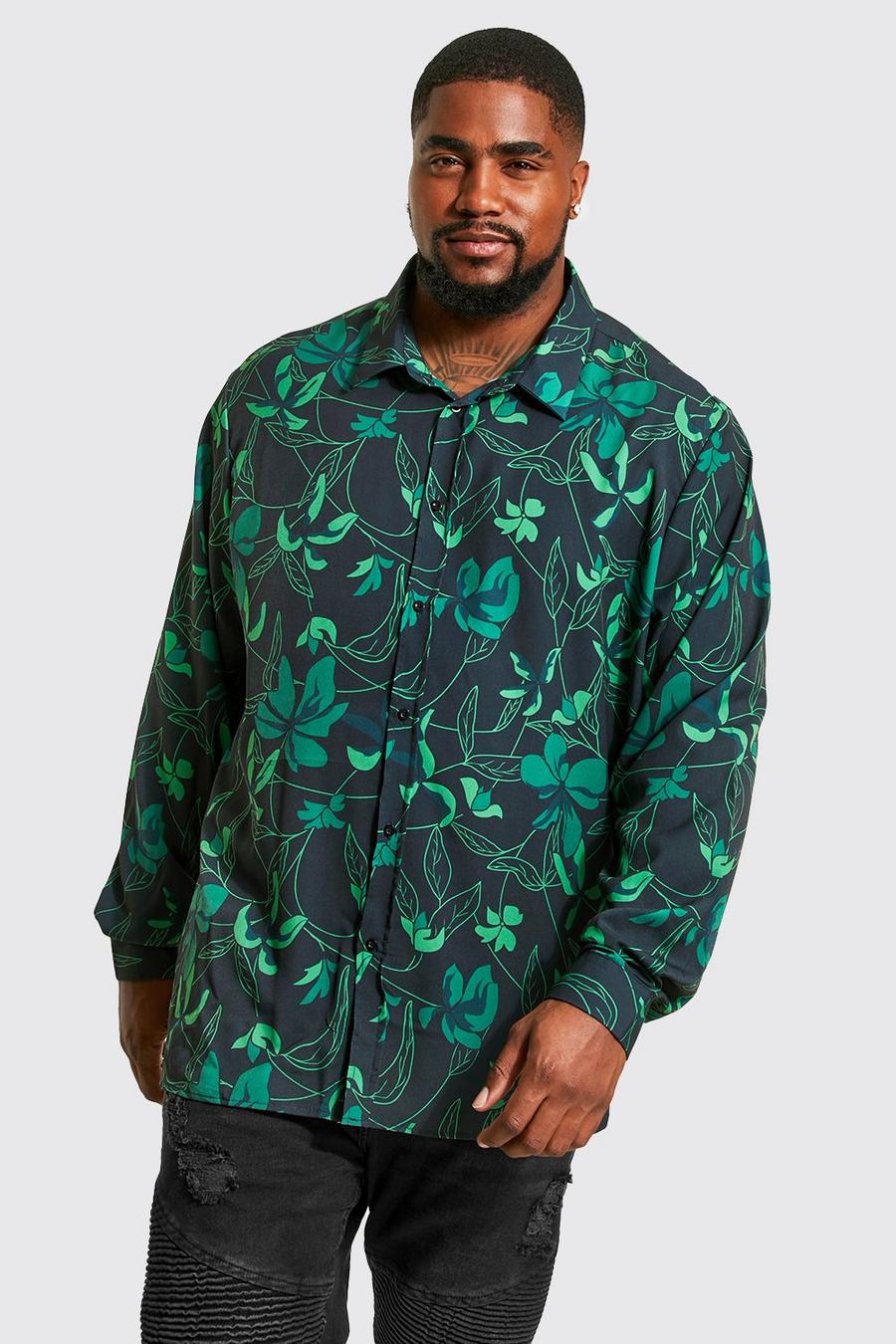 Black Plus Long Sleeve Leaf Print Shirt image number 1