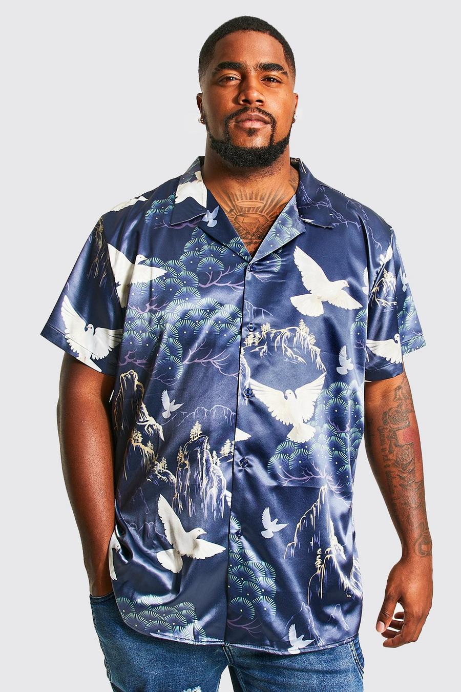 Navy Plus Short Sleeve Bird Print Satin Shirt image number 1