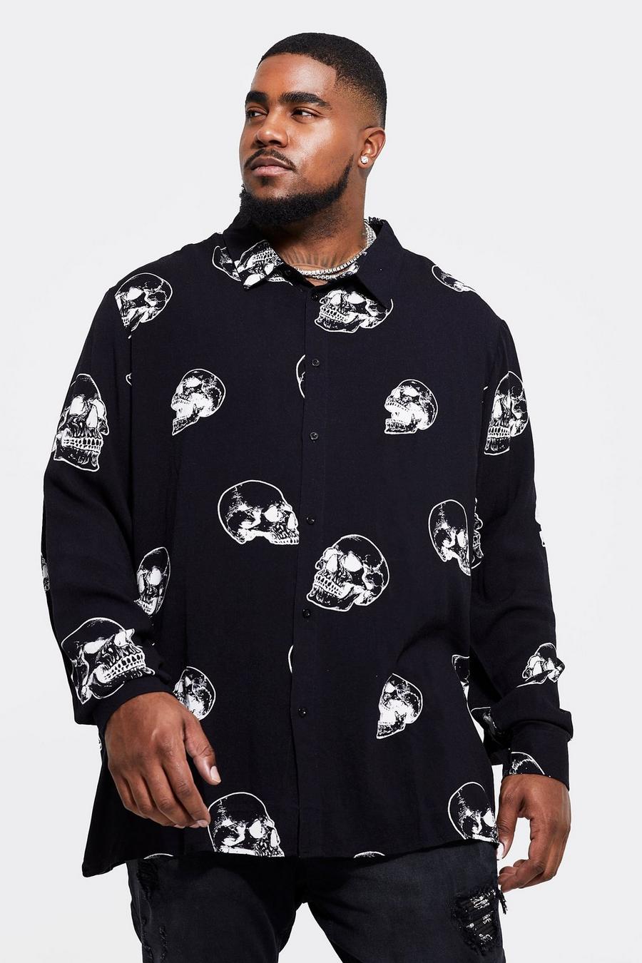 Black Plus Long Sleeve Skull Print Viscose Shirt image number 1