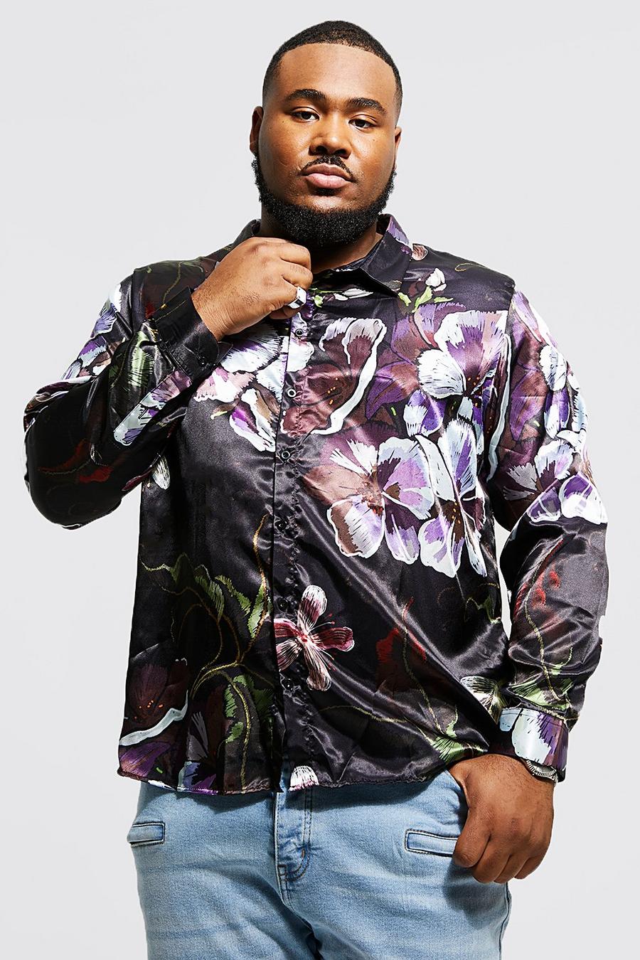 Camisa Plus de raso y manga larga con estampado de flores, Black image number 1