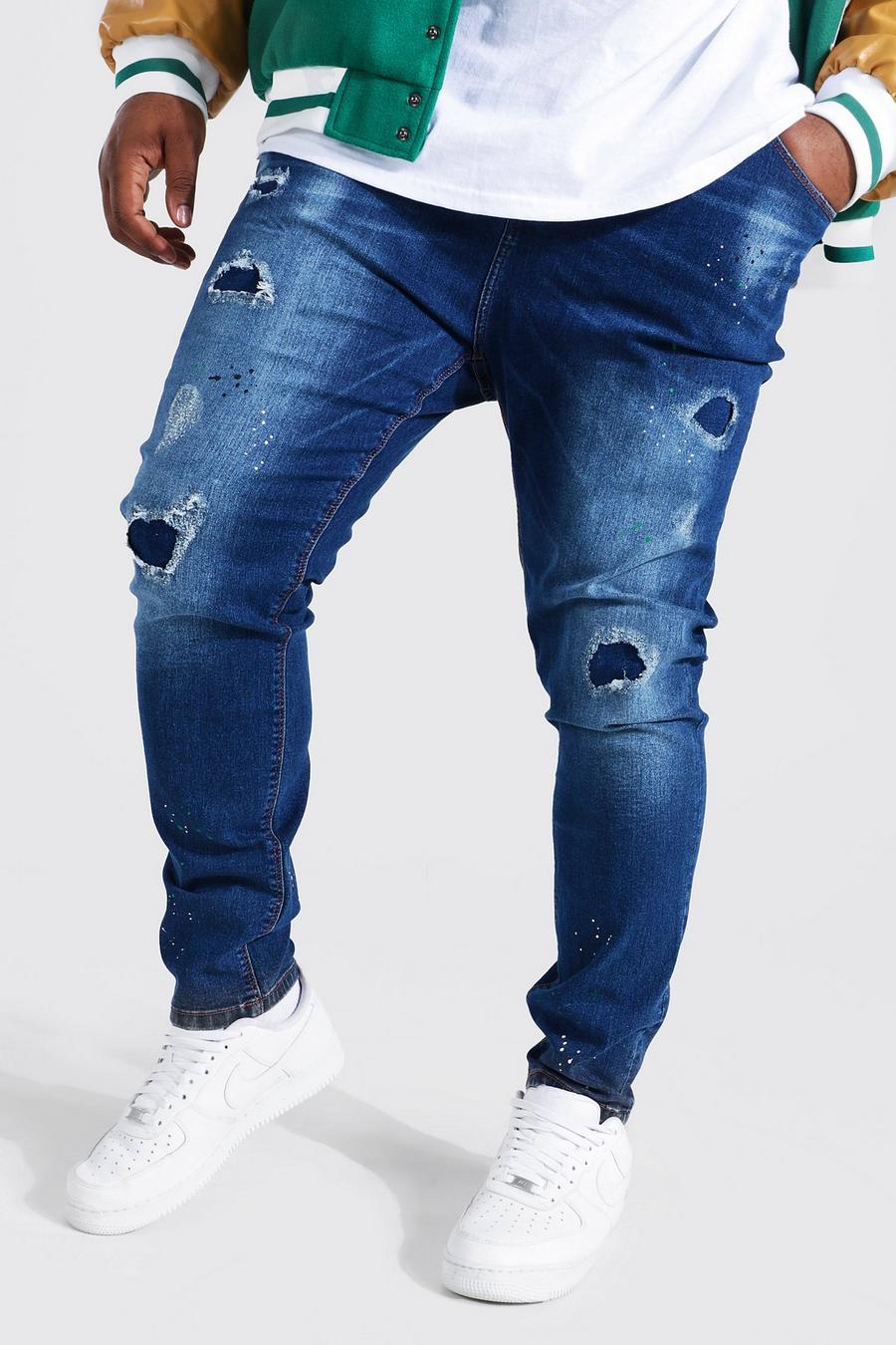 Plus Super Skinny Jeans mit Farbspritzern, Dark blue blau