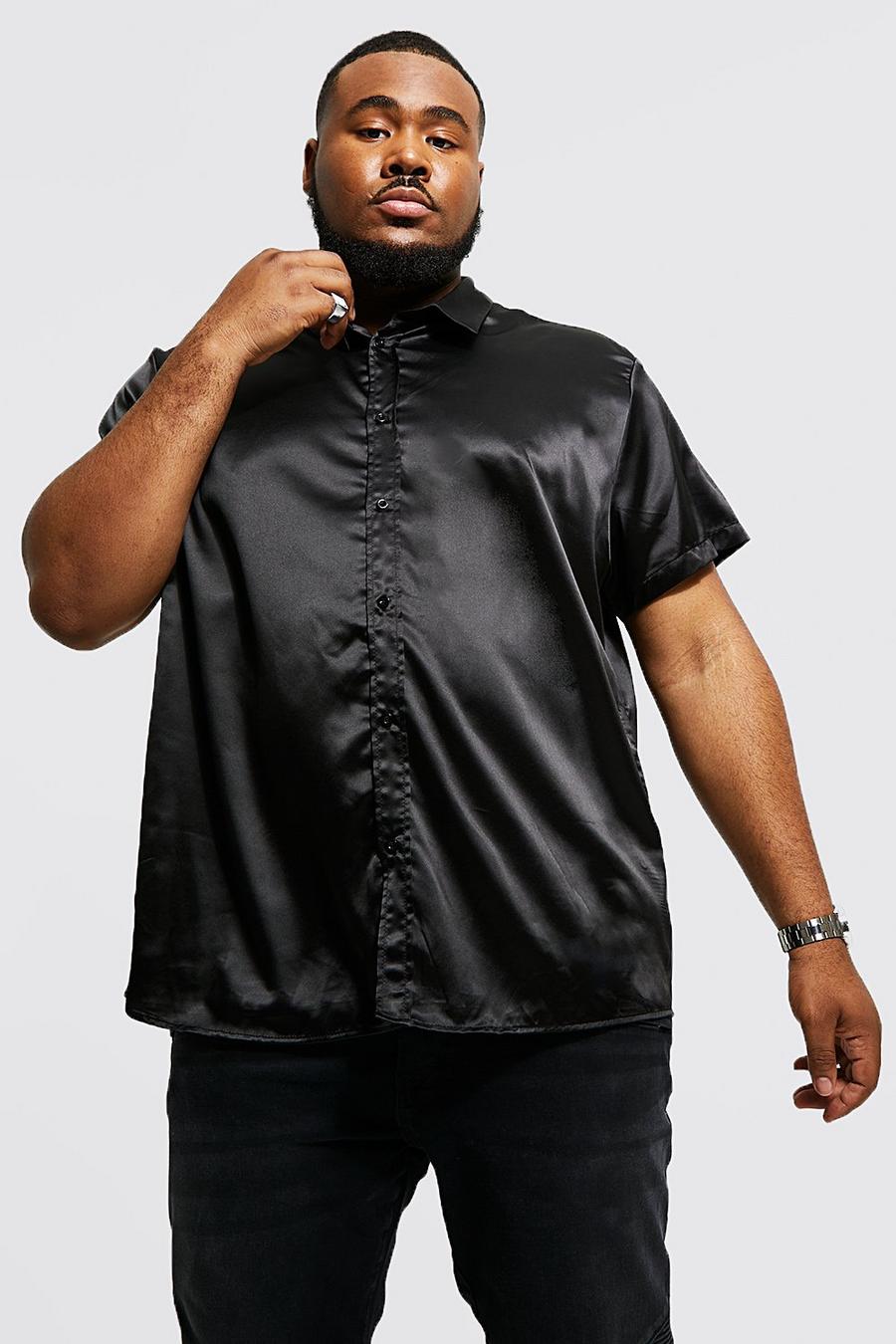 Black Plus Short Sleeve Satin Slim Fit Shirt image number 1