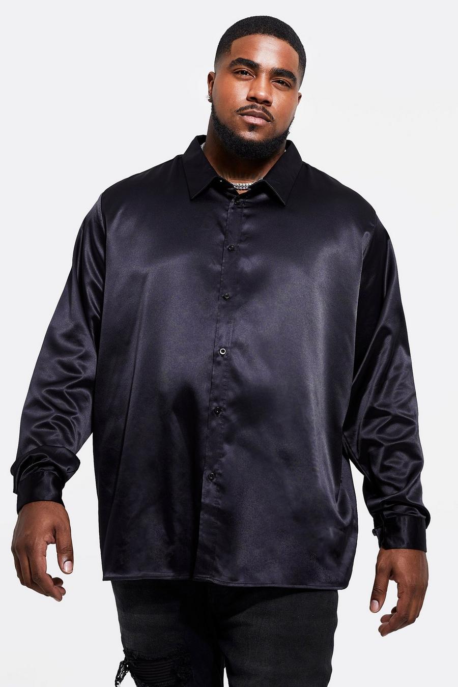 Black Plus Satijnen Slim Fit Overhemd Met Lange Mouwen image number 1