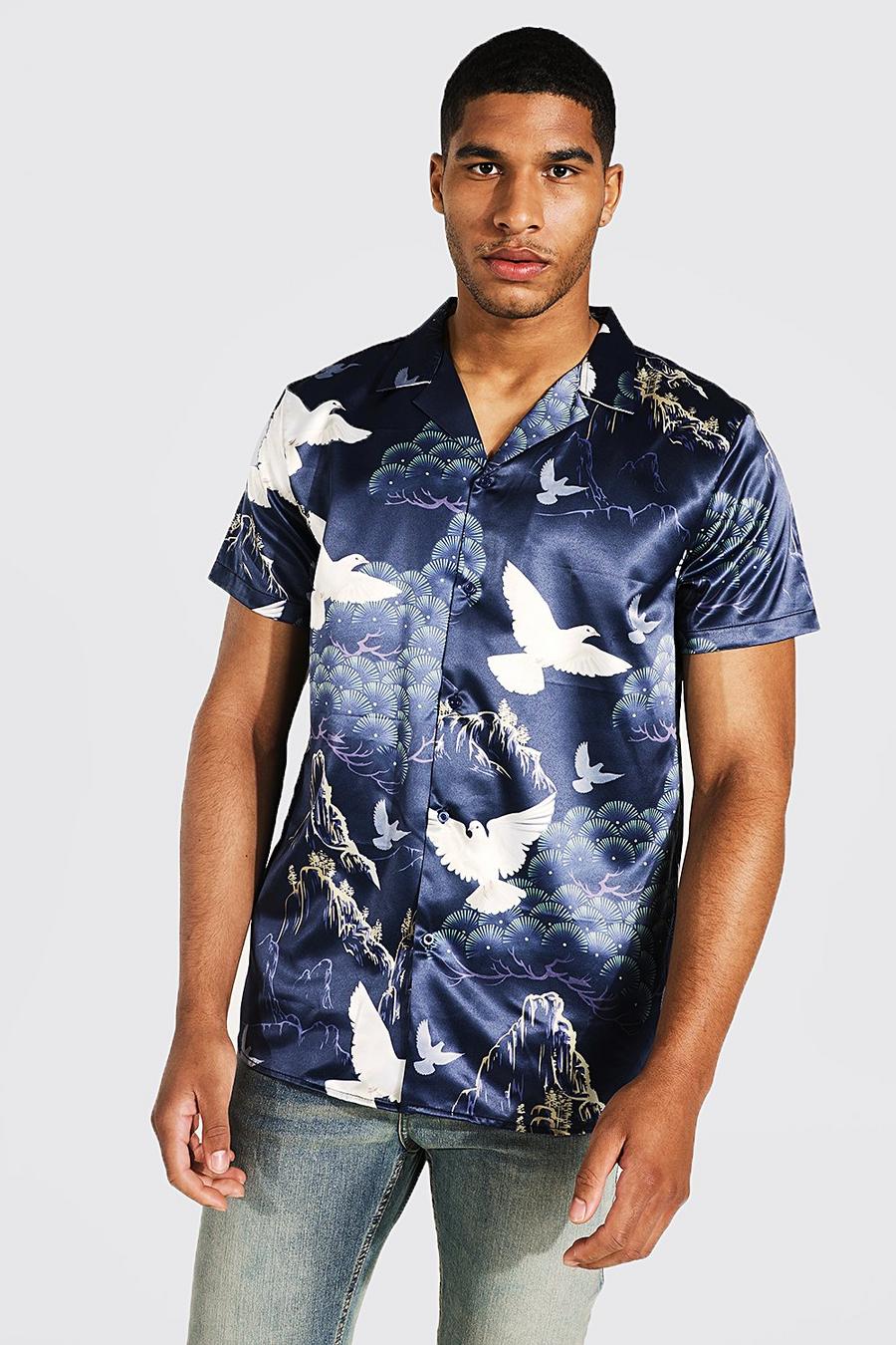 Navy Tall Short Sleeve Bird Print Satin Shirt image number 1