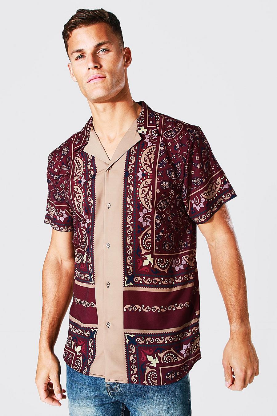 Burgundy Tall Kortärmad mönstrad skjorta med bowlingkrage image number 1