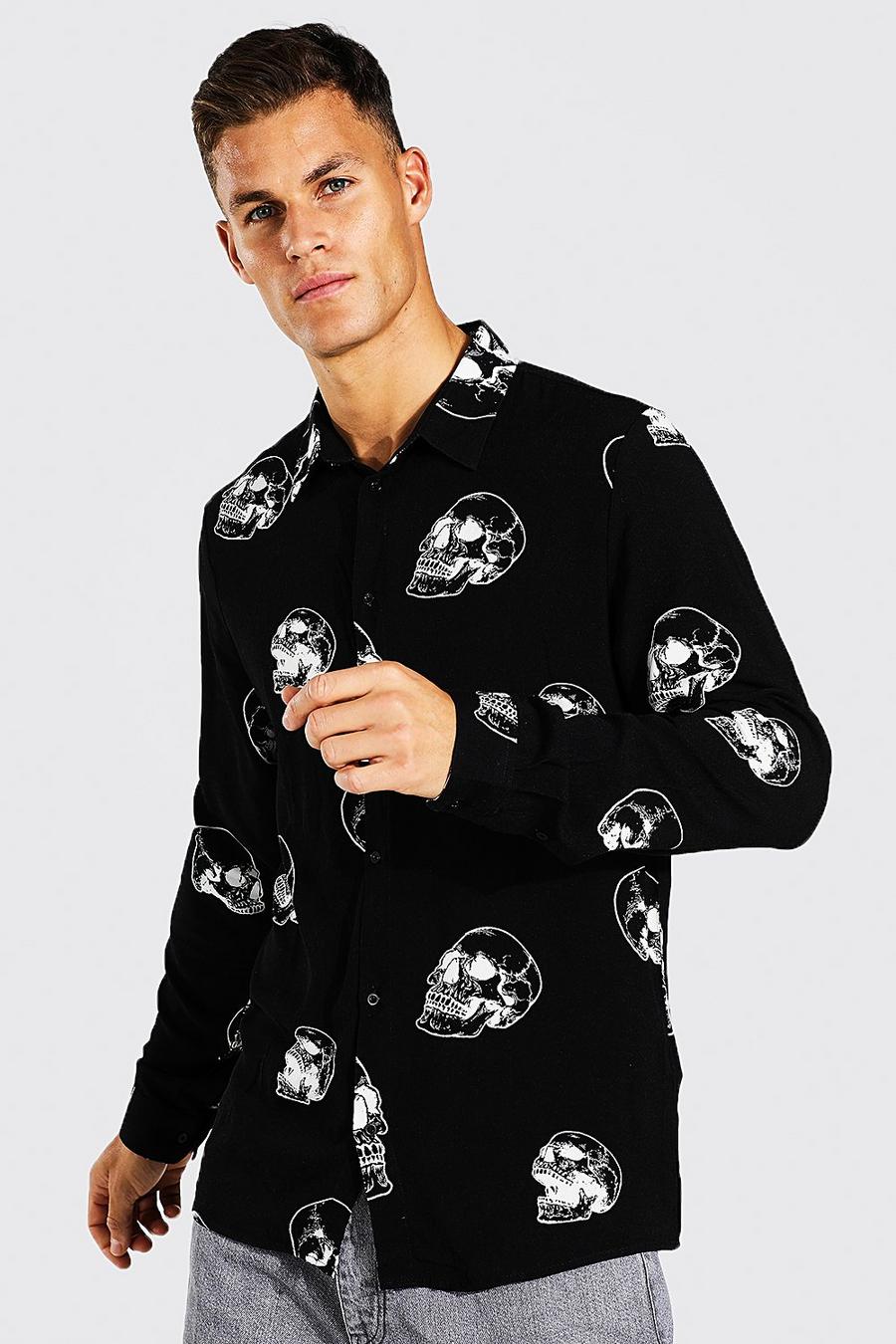 Black Tall Long Sleeve Skull Print Viscose Shirt image number 1