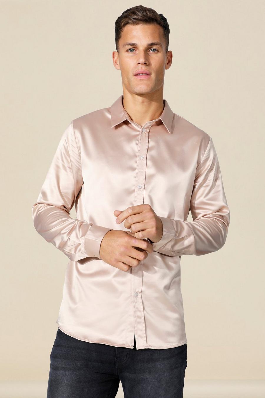 Taupe Tall Long Sleeve Satin Slim Fit Shirt image number 1