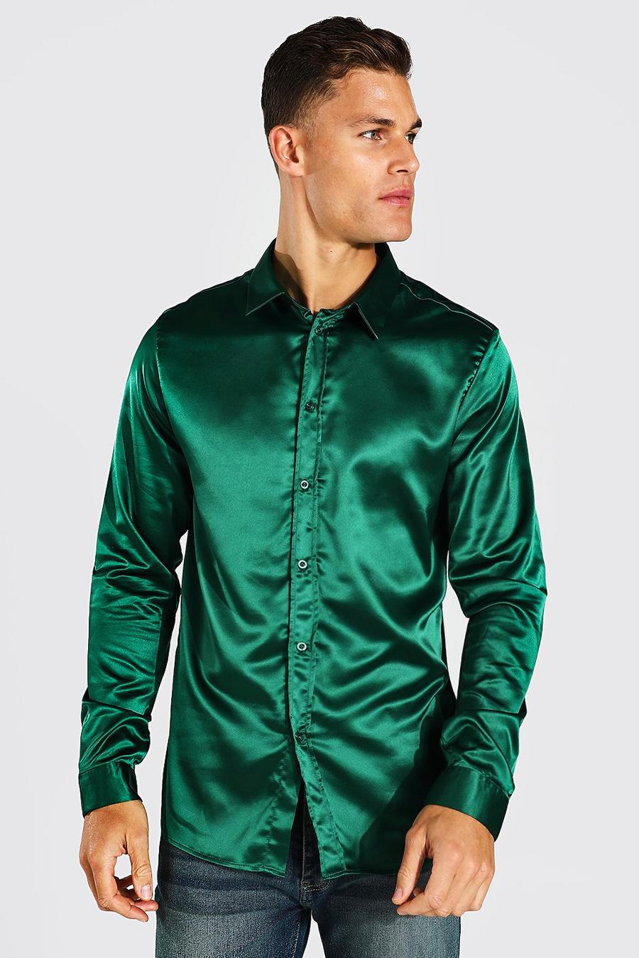 Camicia Tall a maniche lunghe in raso Slim Fit, Dark green image number 1