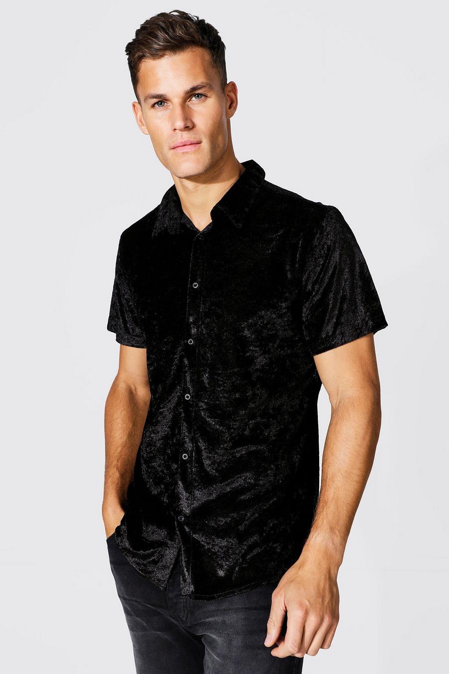 Black Tall Short Sleeve Regular Fit Velvet Shirt image number 1