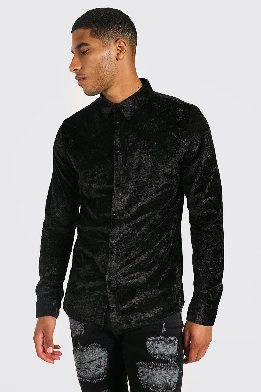 שחור חולצת קטיפה בגזרה רגילה עם שרוולים ארוכים, לגברים גבוהים image number 1